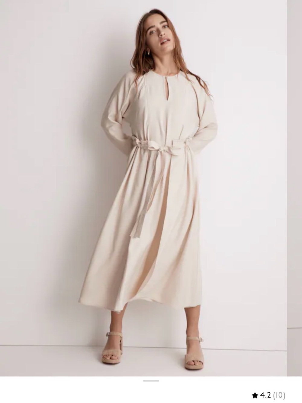 Madewell Cream Long-Sleeve Tie-Waist Midi Dress
